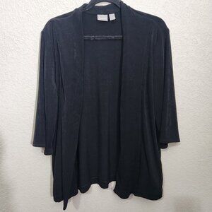 Chicos Travelers Black Open Front Cardigan Drape Style 3/4 Sleeve Size 3 Acetate